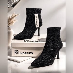 No Boundaries Black Glitter Ankle Boots Pointed Toe Stiletto Heel NWT Box